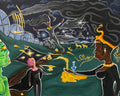 Abstract artwork with figures, text, and symbols on a dark background