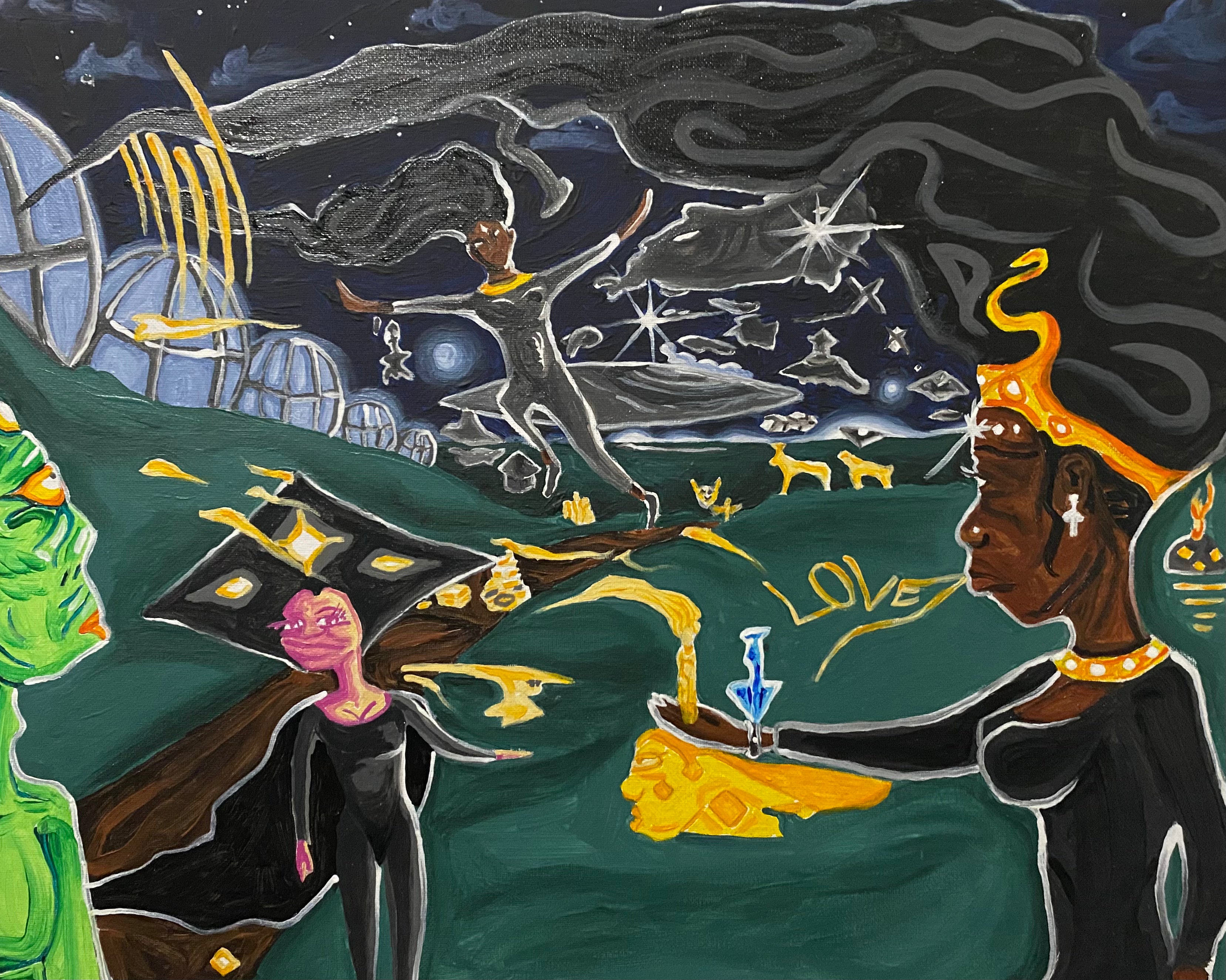 Abstract artwork with figures, text, and symbols on a dark background